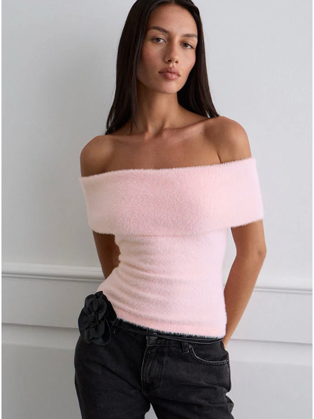 Motel Rocks Soft Pink Off-Shoulder Crop Top